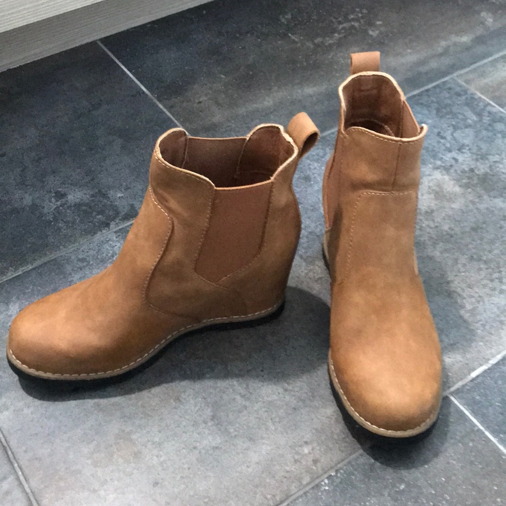 Brown wedge booties